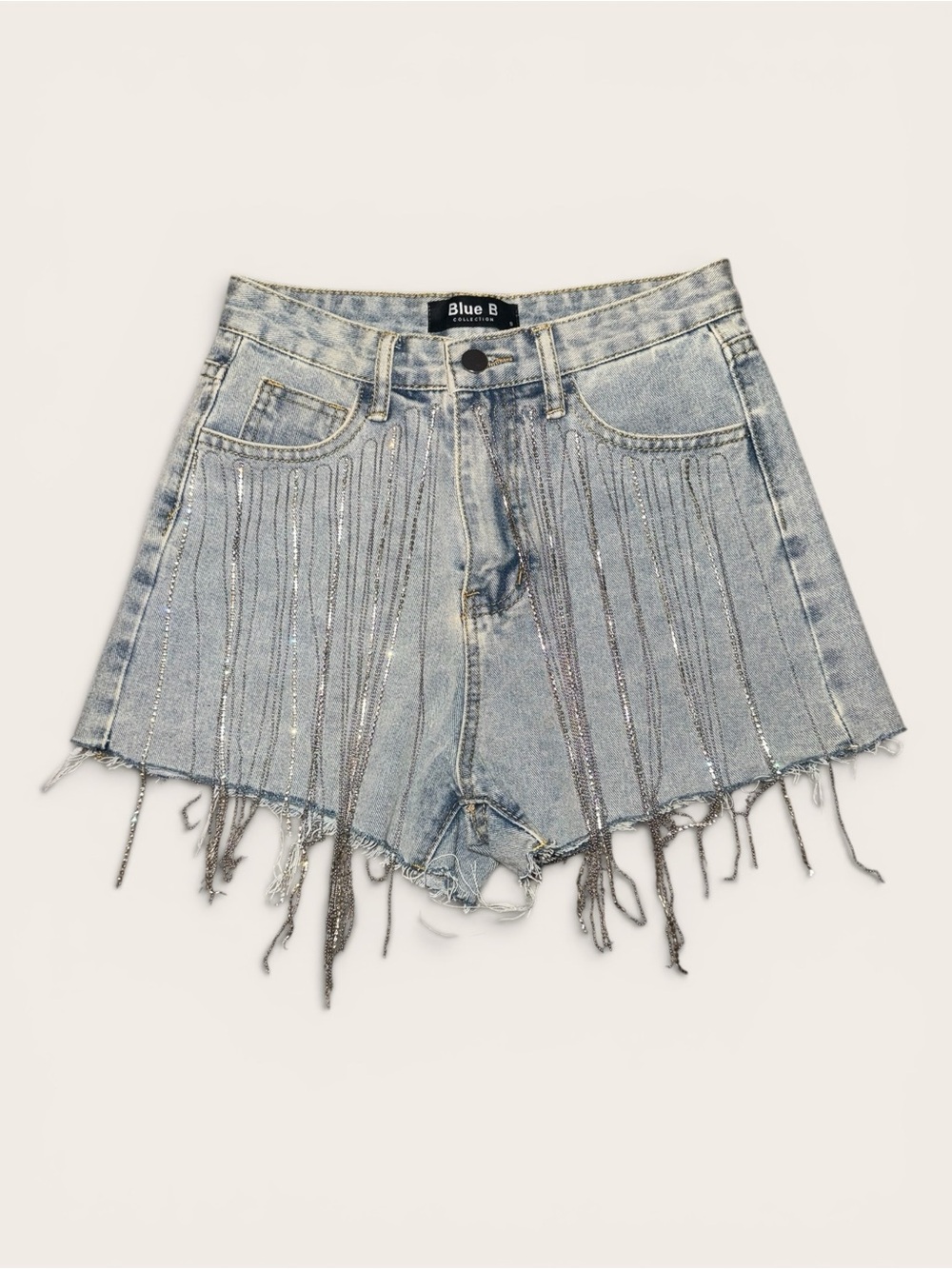 Blue B Light Wash Denim Fringe Shorts with Crystal Chain Trim